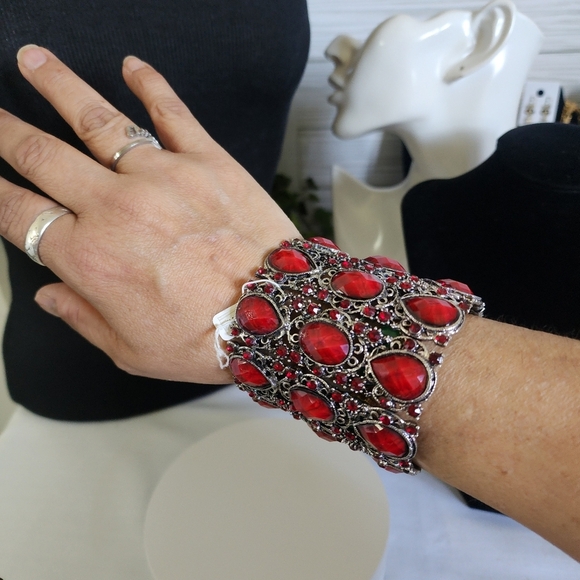 Silver Red Extra Wide Open Cuff Stretch Bracelet - Picture 6 of 7